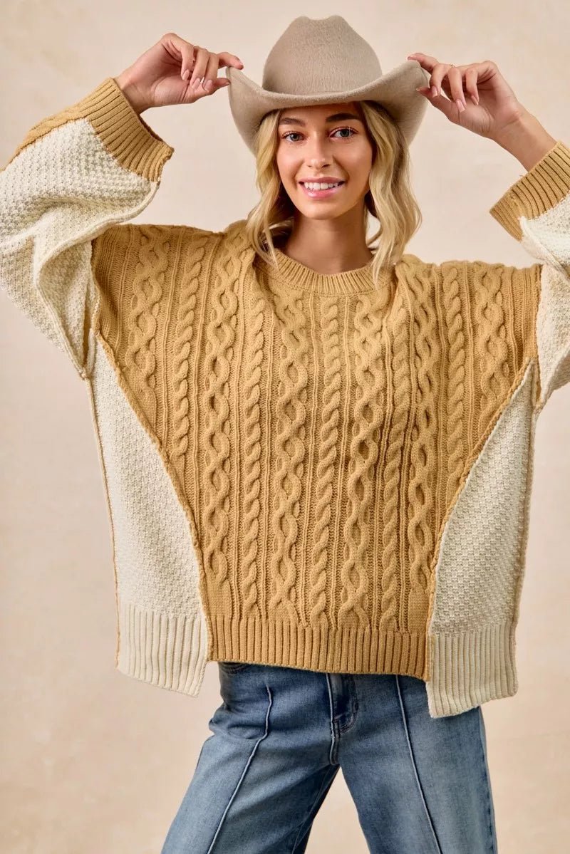 BiBi Cable Knit With Hacci Combo Sweater With Uneven Hem Detail - Bitsy Gypsy Boutique