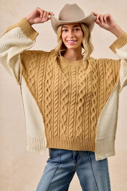 BiBi Cable Knit With Hacci Combo Sweater With Uneven Hem Detail - Bitsy Gypsy Boutique