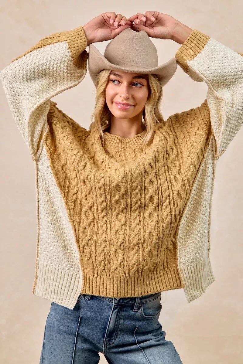 BiBi Cable Knit With Hacci Combo Sweater With Uneven Hem Detail - Bitsy Gypsy Boutique