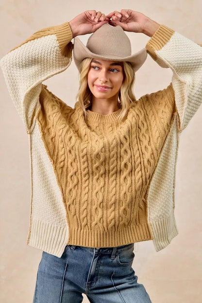 BiBi Cable Knit With Hacci Combo Sweater With Uneven Hem Detail - Bitsy Gypsy Boutique