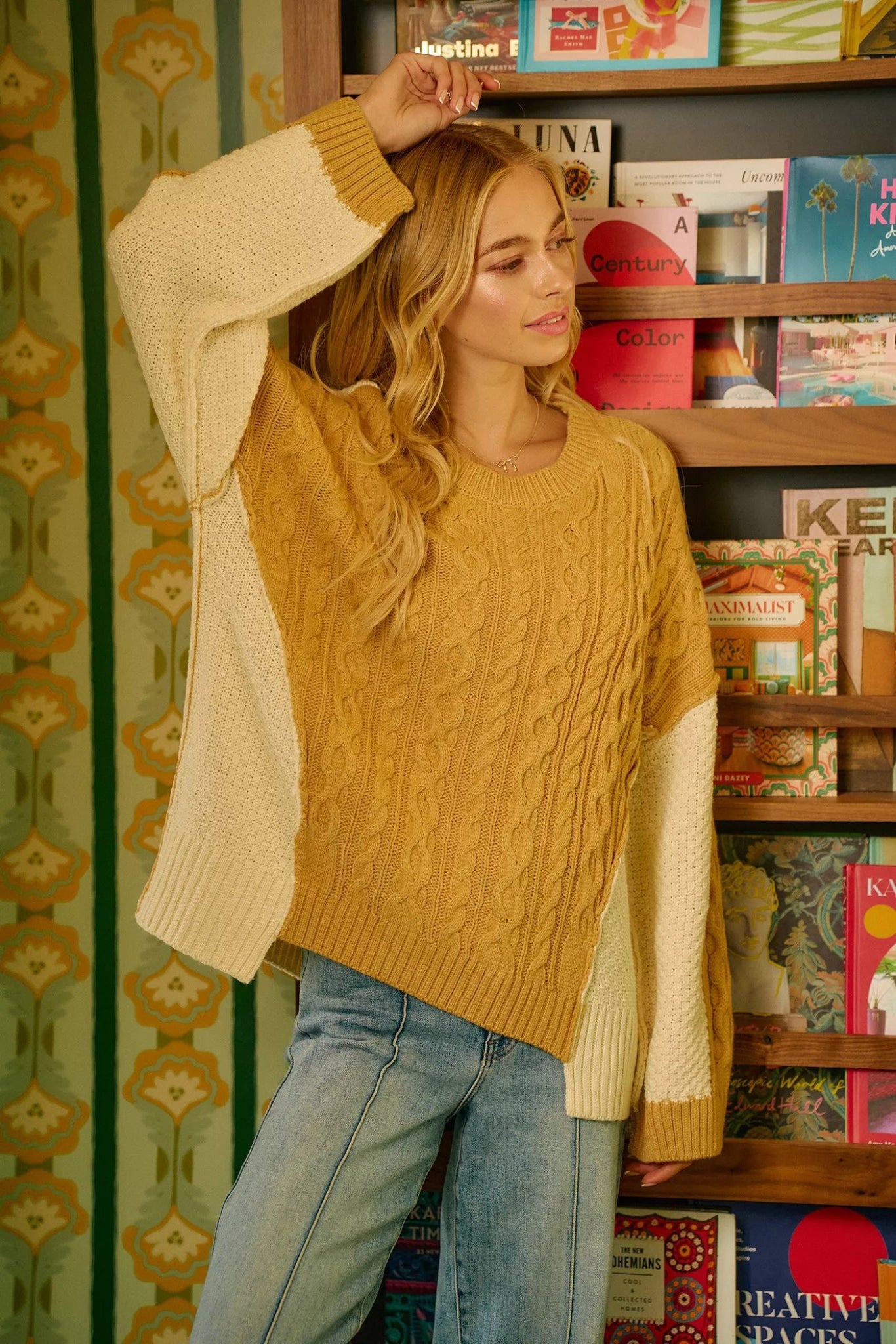 BiBi Cable Knit With Hacci Combo Sweater With Uneven Hem Detail - Bitsy Gypsy Boutique