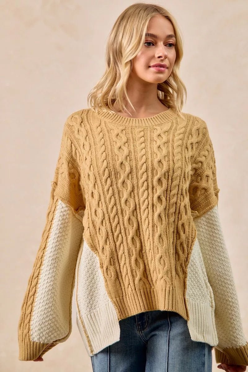 BiBi Cable Knit With Hacci Combo Sweater With Uneven Hem Detail - Bitsy Gypsy Boutique