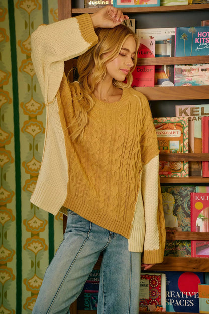 BiBi Cable Knit With Hacci Combo Sweater With Uneven Hem Detail - Bitsy Gypsy Boutique
