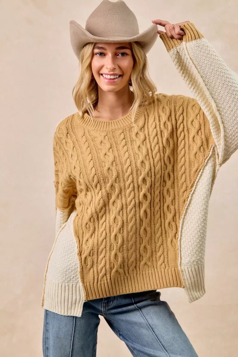 BiBi Cable Knit With Hacci Combo Sweater With Uneven Hem Detail - Bitsy Gypsy Boutique