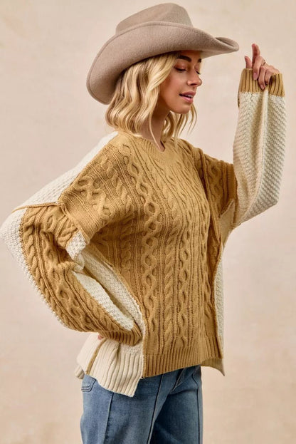 BiBi Cable Knit With Hacci Combo Sweater With Uneven Hem Detail - Bitsy Gypsy Boutique