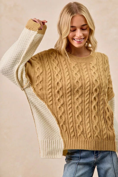BiBi Cable Knit With Hacci Combo Sweater With Uneven Hem Detail - Bitsy Gypsy Boutique