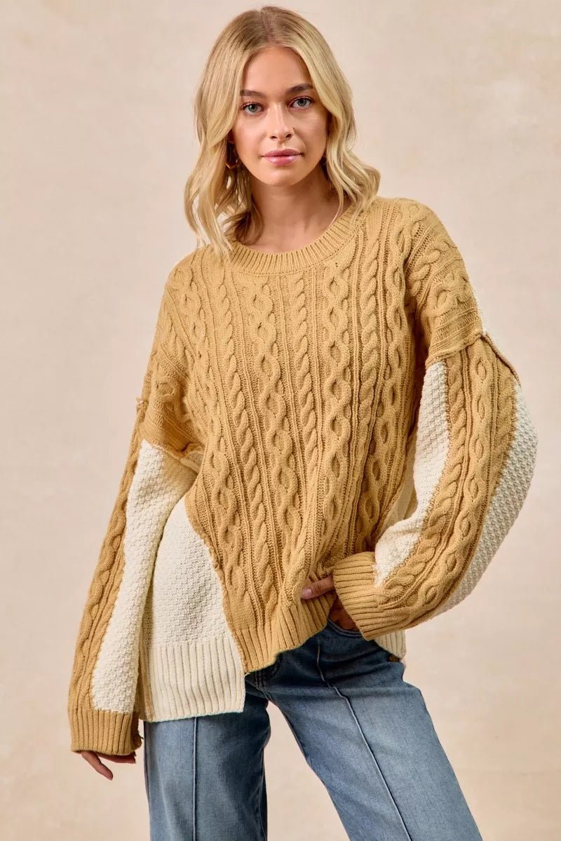 BiBi Cable Knit With Hacci Combo Sweater With Uneven Hem Detail - Bitsy Gypsy Boutique