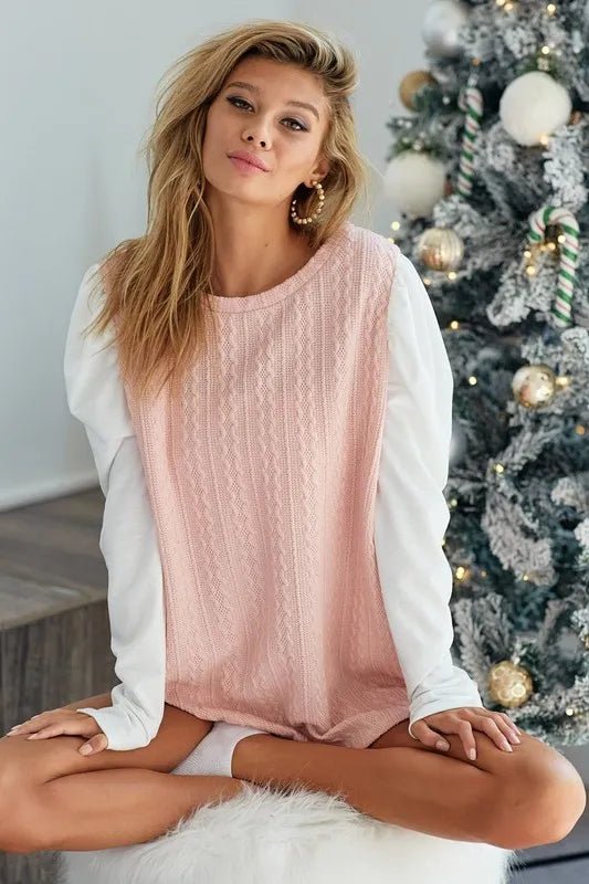 BiBi Cable Sweater Knit Top with Contrast Puff Sleeve - Bitsy Gypsy Boutique