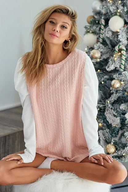 BiBi Cable Sweater Knit Top with Contrast Puff Sleeve - Bitsy Gypsy Boutique