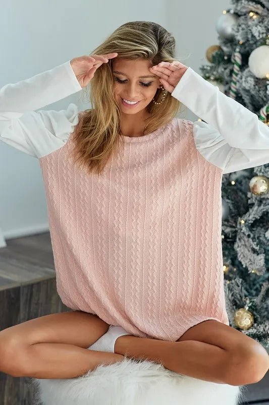 BiBi Cable Sweater Knit Top with Contrast Puff Sleeve - Bitsy Gypsy Boutique