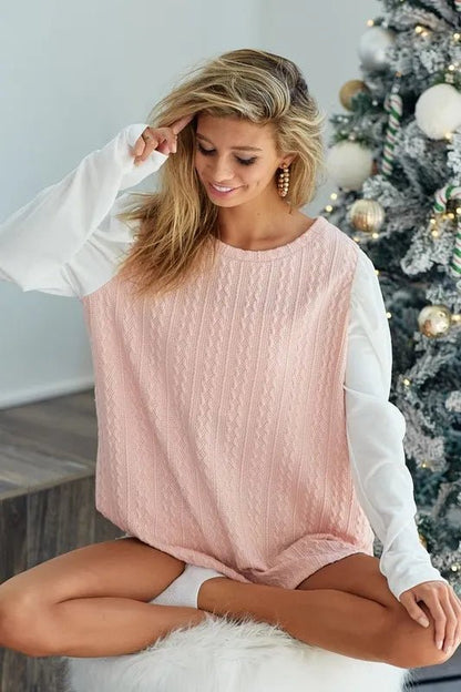 BiBi Cable Sweater Knit Top with Contrast Puff Sleeve - Bitsy Gypsy Boutique