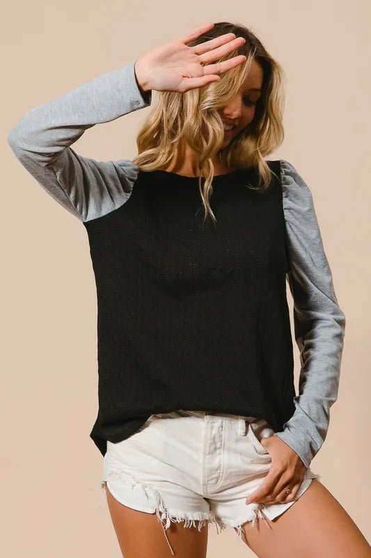BiBi Cable Sweater Knit Top with Contrast Puff Sleeve - Bitsy Gypsy Boutique