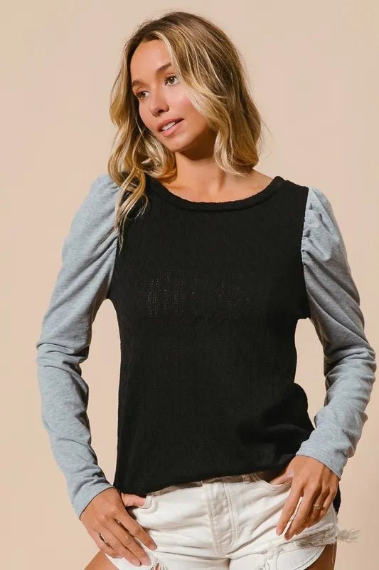 BiBi Cable Sweater Knit Top with Contrast Puff Sleeve - Bitsy Gypsy Boutique