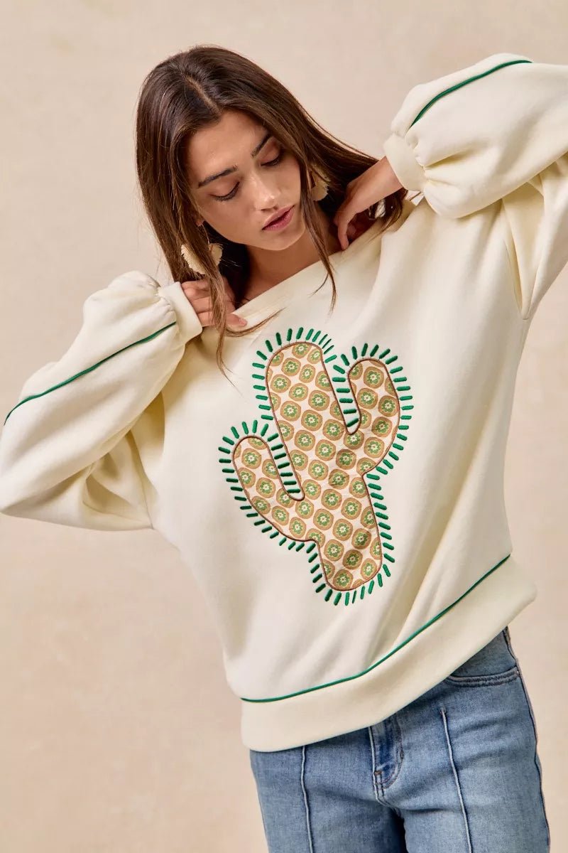 BiBi Cactus Embroidered Fleece Sweatshirt - Bitsy Gypsy Boutique