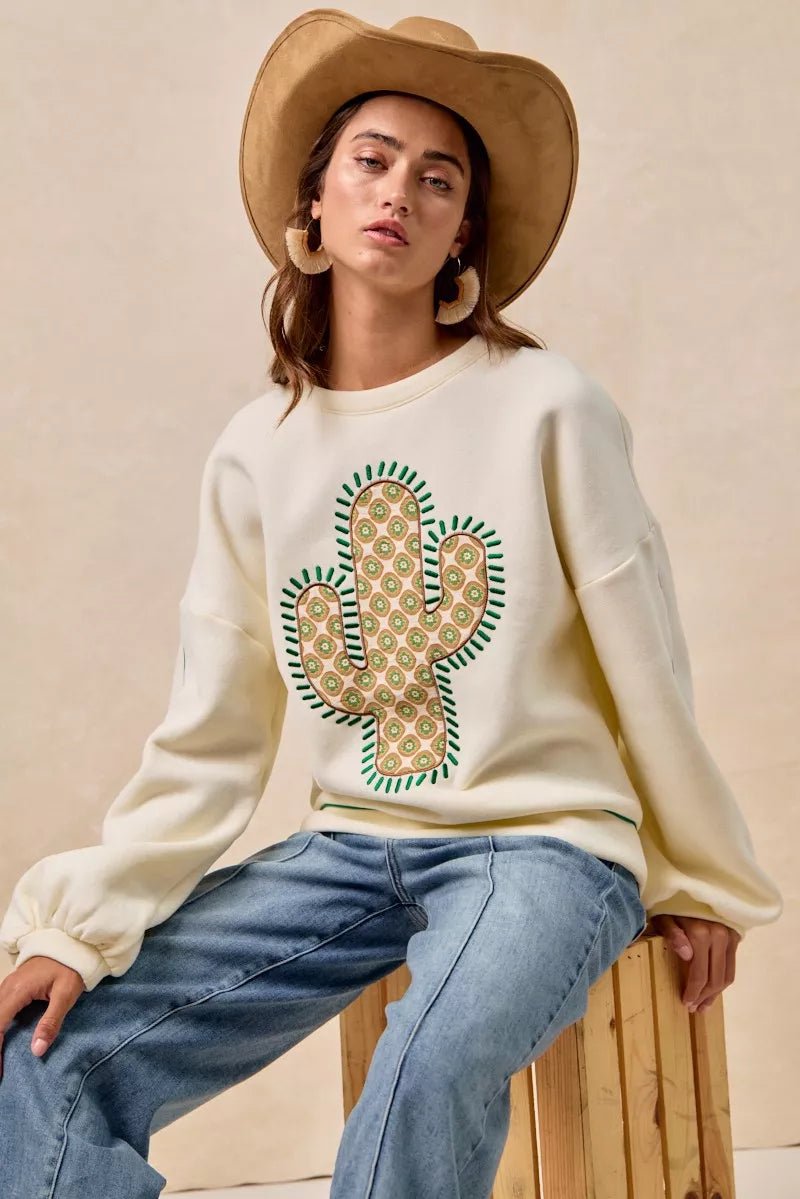 BiBi Cactus Embroidered Fleece Sweatshirt - Bitsy Gypsy Boutique