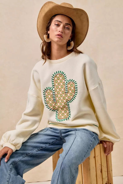 BiBi Cactus Embroidered Fleece Sweatshirt - Bitsy Gypsy Boutique