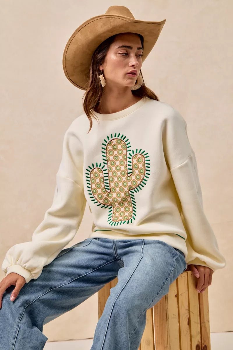 BiBi Cactus Embroidered Fleece Sweatshirt - Bitsy Gypsy Boutique