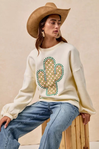 BiBi Cactus Embroidered Fleece Sweatshirt - Bitsy Gypsy Boutique