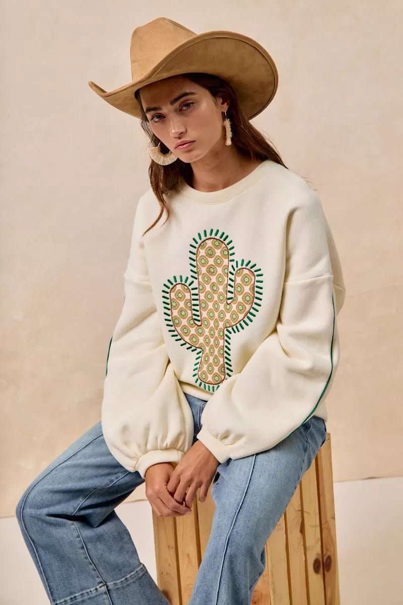 BiBi Cactus Embroidered Fleece Sweatshirt - Bitsy Gypsy Boutique