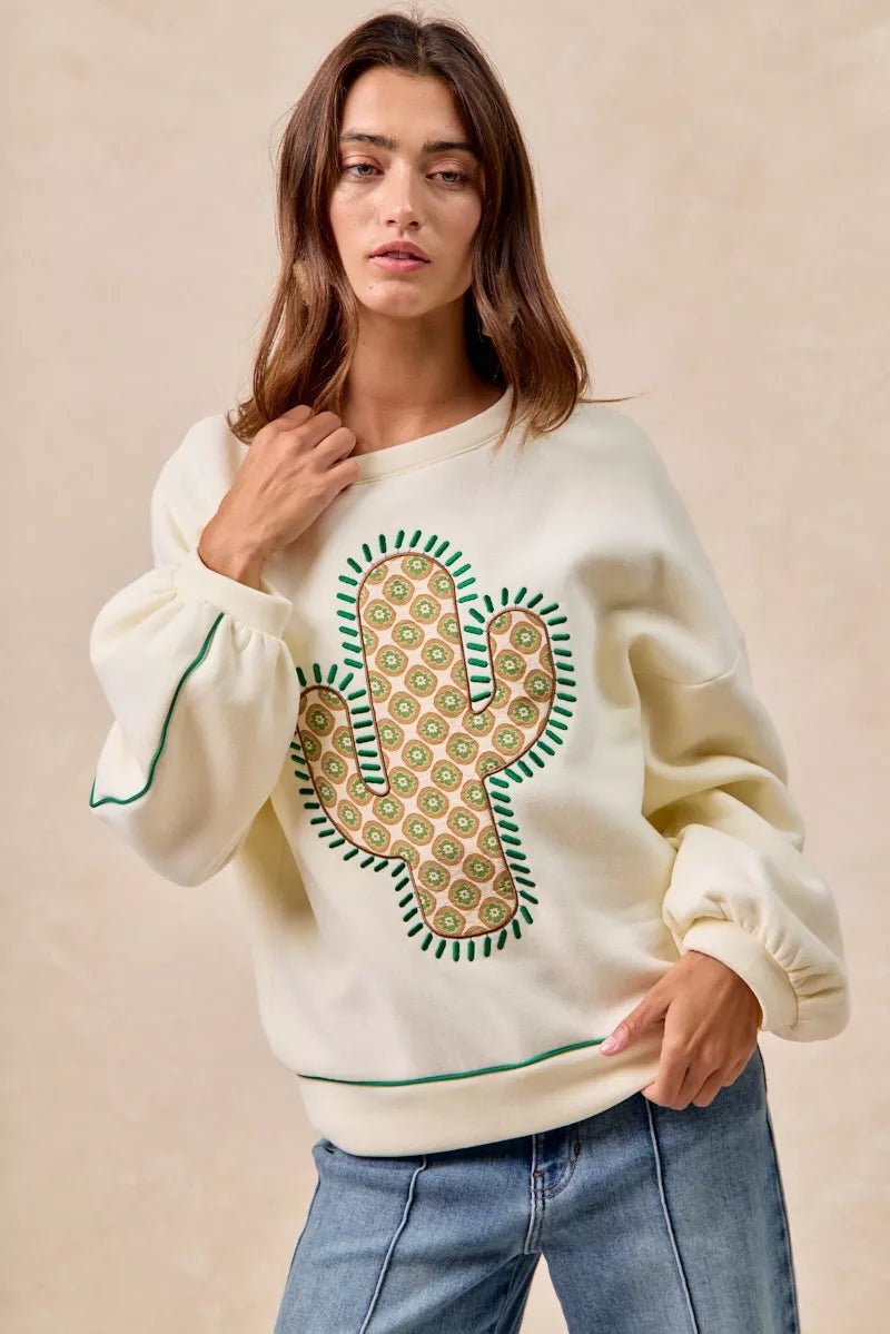 BiBi Cactus Embroidered Fleece Sweatshirt - Bitsy Gypsy Boutique