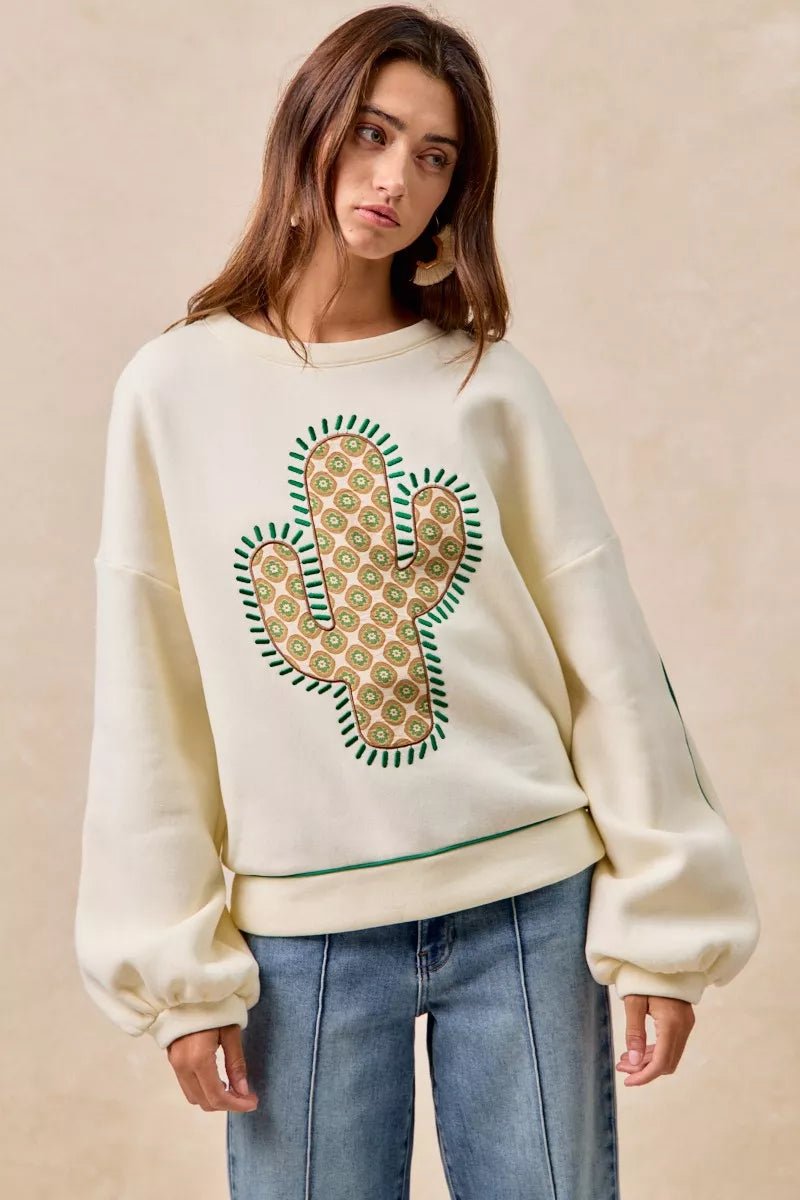 BiBi Cactus Embroidered Fleece Sweatshirt - Bitsy Gypsy Boutique