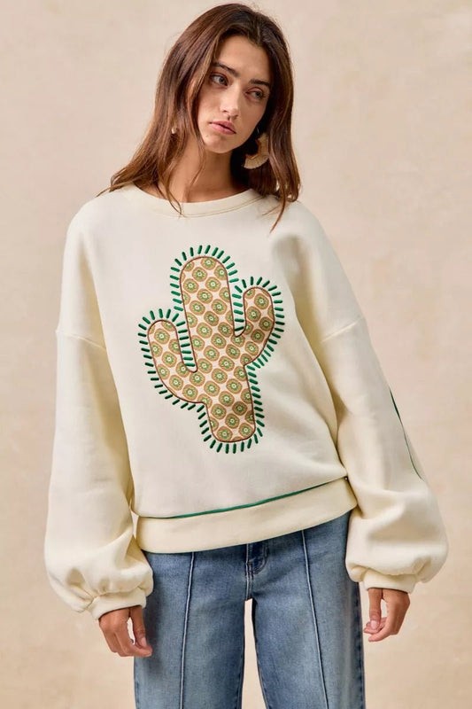 BiBi Cactus Embroidered Fleece Sweatshirt - Bitsy Gypsy Boutique