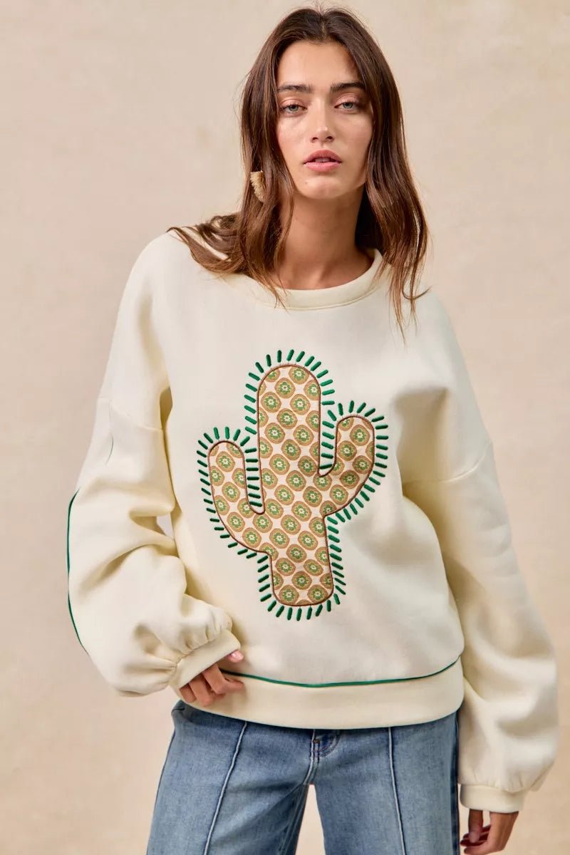 BiBi Cactus Embroidered Fleece Sweatshirt - Bitsy Gypsy Boutique
