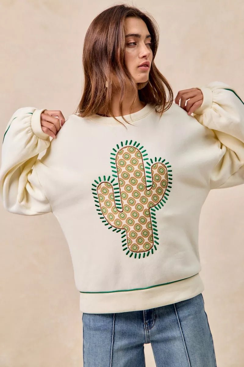 BiBi Cactus Embroidered Fleece Sweatshirt - Bitsy Gypsy Boutique