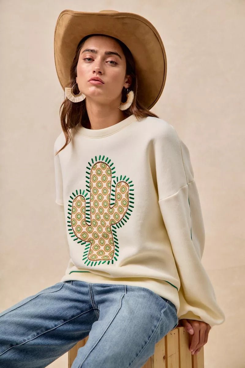 BiBi Cactus Embroidered Fleece Sweatshirt - Bitsy Gypsy Boutique