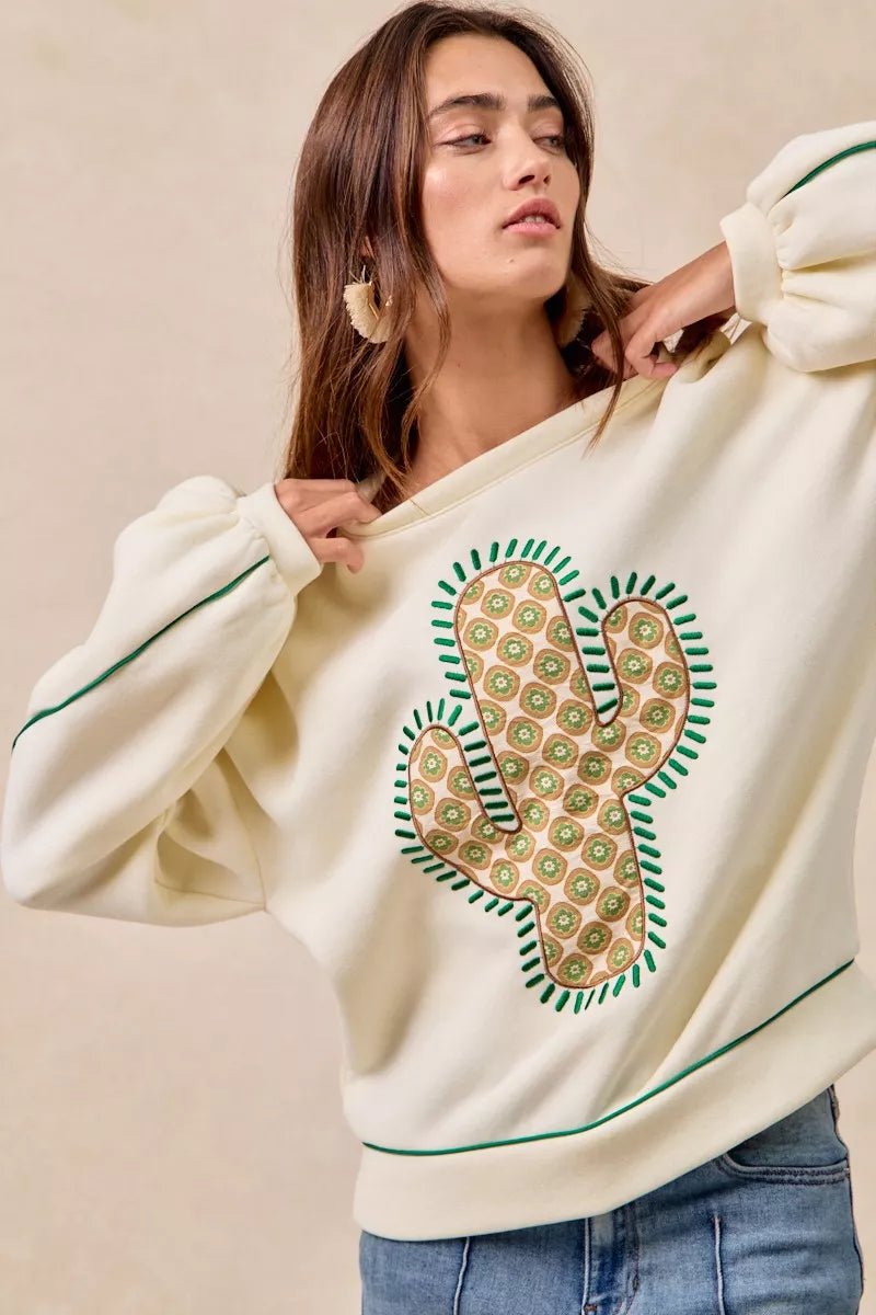 BiBi Cactus Embroidered Fleece Sweatshirt - Bitsy Gypsy Boutique