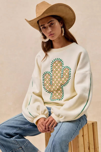 BiBi Cactus Embroidered Fleece Sweatshirt - Bitsy Gypsy Boutique