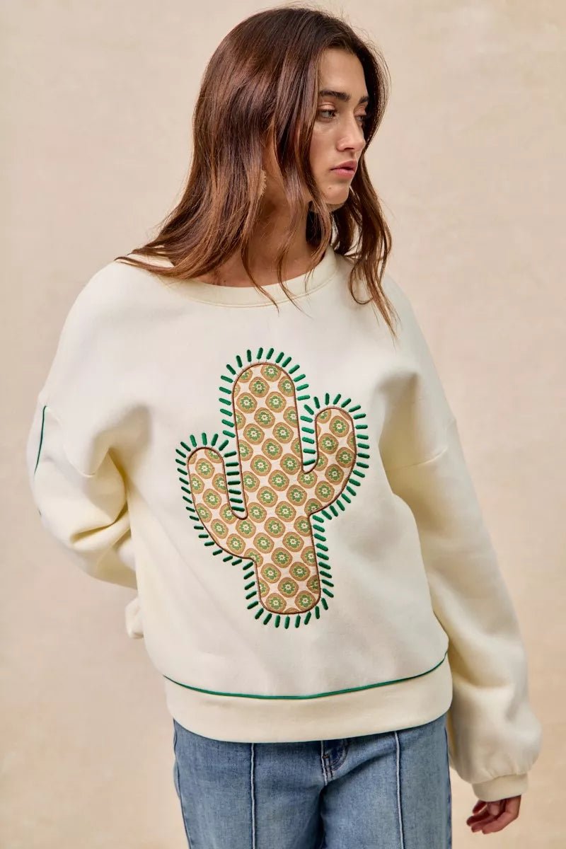 BiBi Cactus Embroidered Fleece Sweatshirt - Bitsy Gypsy Boutique