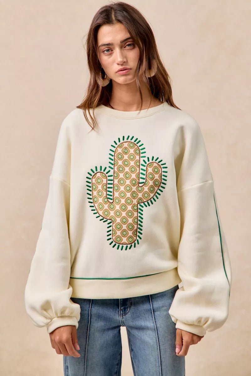 BiBi Cactus Embroidered Fleece Sweatshirt - Bitsy Gypsy Boutique
