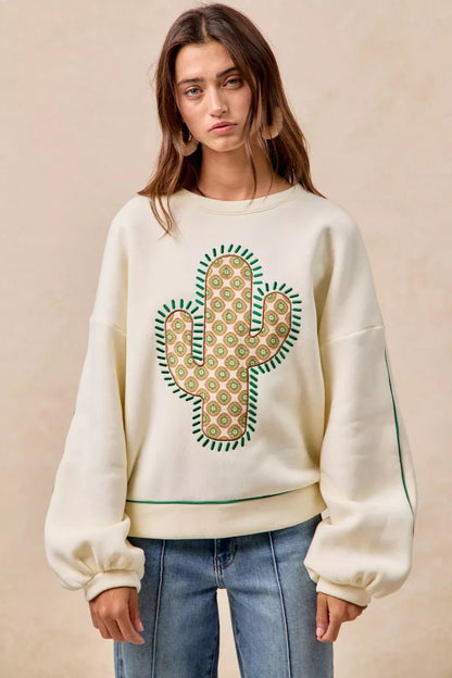 BiBi Cactus Embroidered Fleece Sweatshirt - Bitsy Gypsy Boutique