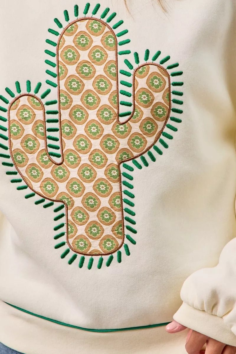 BiBi Cactus Embroidered Fleece Sweatshirt - Bitsy Gypsy Boutique