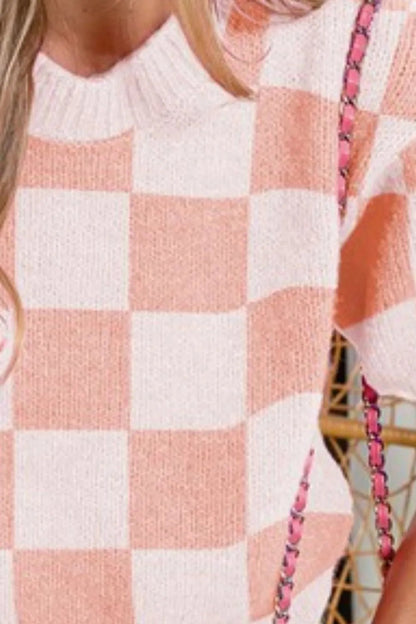 BiBi Check Pattern Short Puff Sleeve Sweater Top - Bitsy Gypsy Boutique