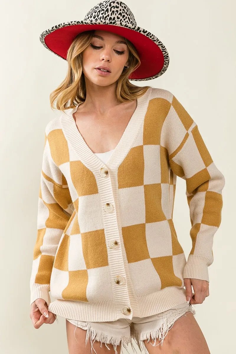 BiBi Checked V - neck Cardigan - Bitsy Gypsy Boutique