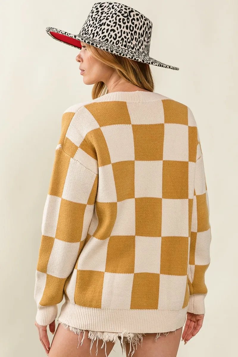 BiBi Checked V - neck Cardigan - Bitsy Gypsy Boutique