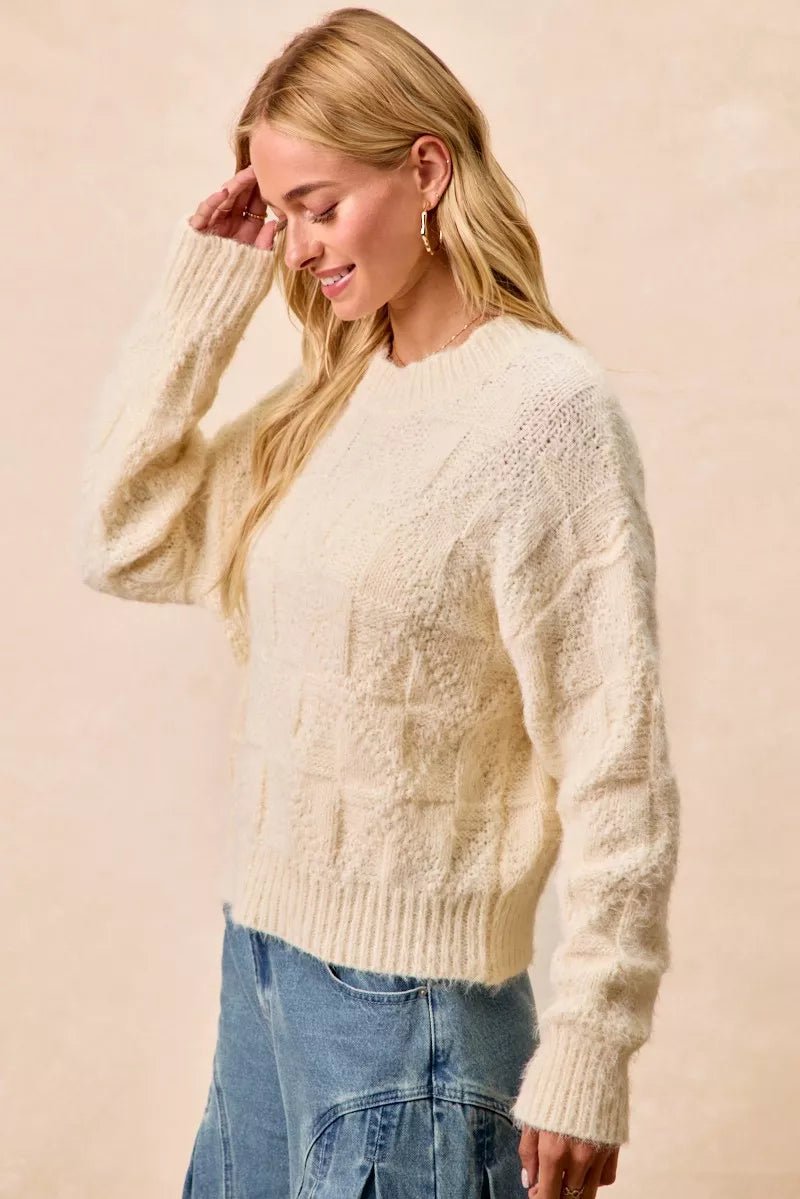 BiBi Checker Board Drop Shoulder Sweater - Bitsy Gypsy Boutique