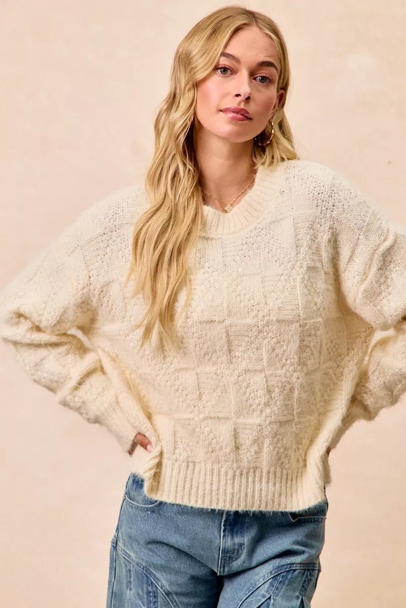 BiBi Checker Board Drop Shoulder Sweater - Bitsy Gypsy Boutique