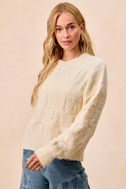 BiBi Checker Board Drop Shoulder Sweater - Bitsy Gypsy Boutique