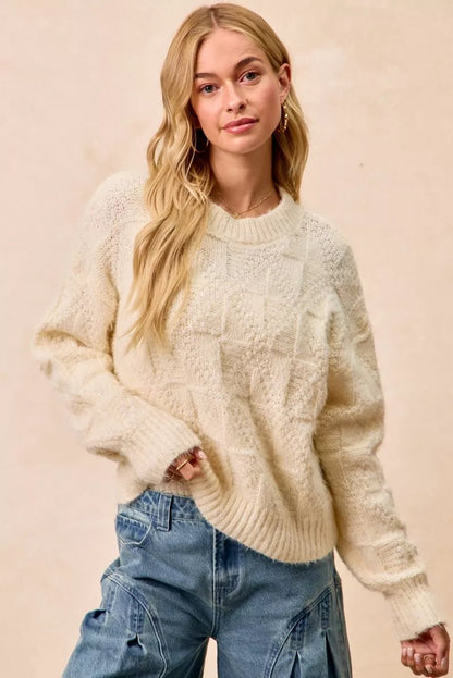 BiBi Checker Board Drop Shoulder Sweater - Bitsy Gypsy Boutique