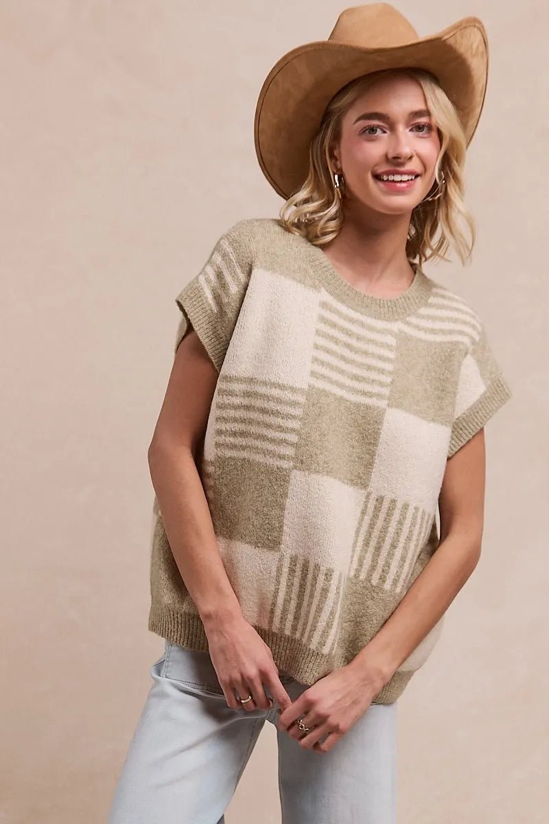 BiBi Checker With Stripes Pattern Sleeveless Sweater - Bitsy Gypsy Boutique
