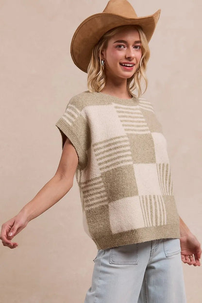 BiBi Checker With Stripes Pattern Sleeveless Sweater - Bitsy Gypsy Boutique