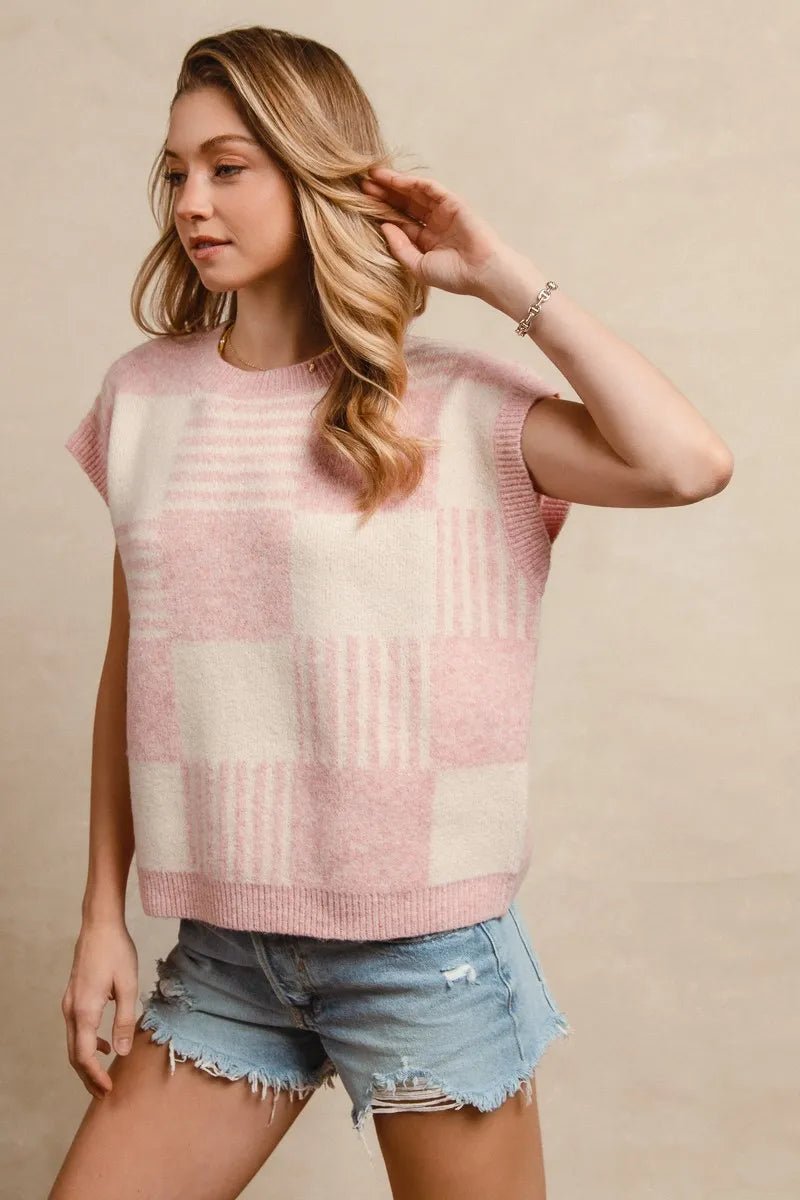 BiBi Checker With Stripes Pattern Sleeveless Sweater - Bitsy Gypsy Boutique