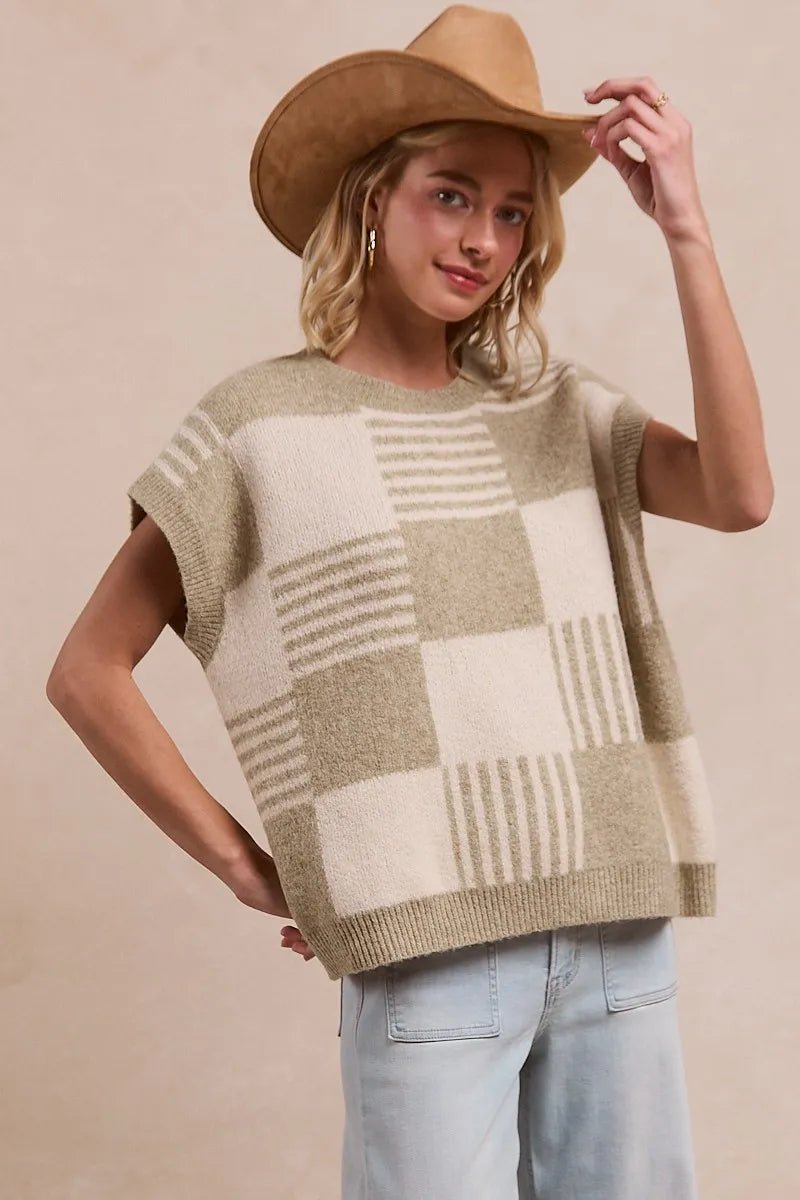 BiBi Checker With Stripes Pattern Sleeveless Sweater - Bitsy Gypsy Boutique