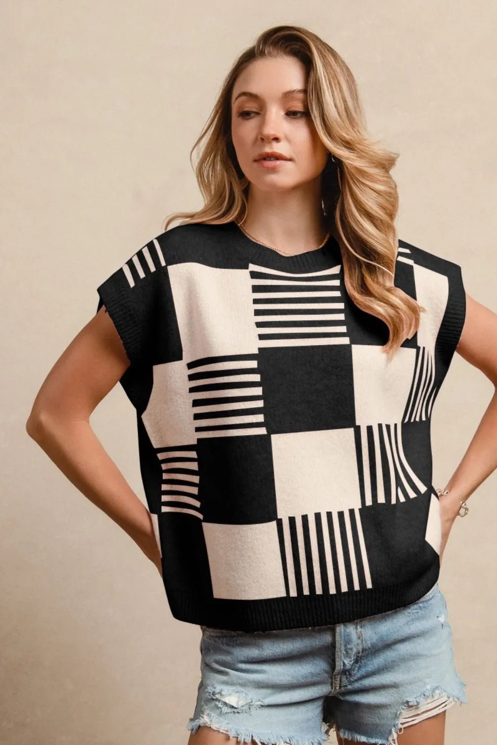 BiBi Checker With Stripes Pattern Sleeveless Sweater - Bitsy Gypsy Boutique
