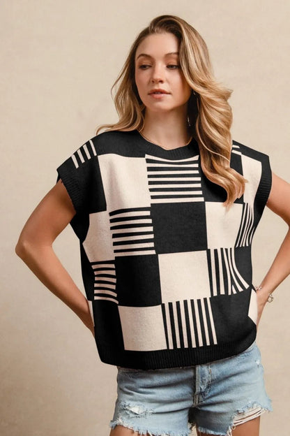 BiBi Checker With Stripes Pattern Sleeveless Sweater - Bitsy Gypsy Boutique