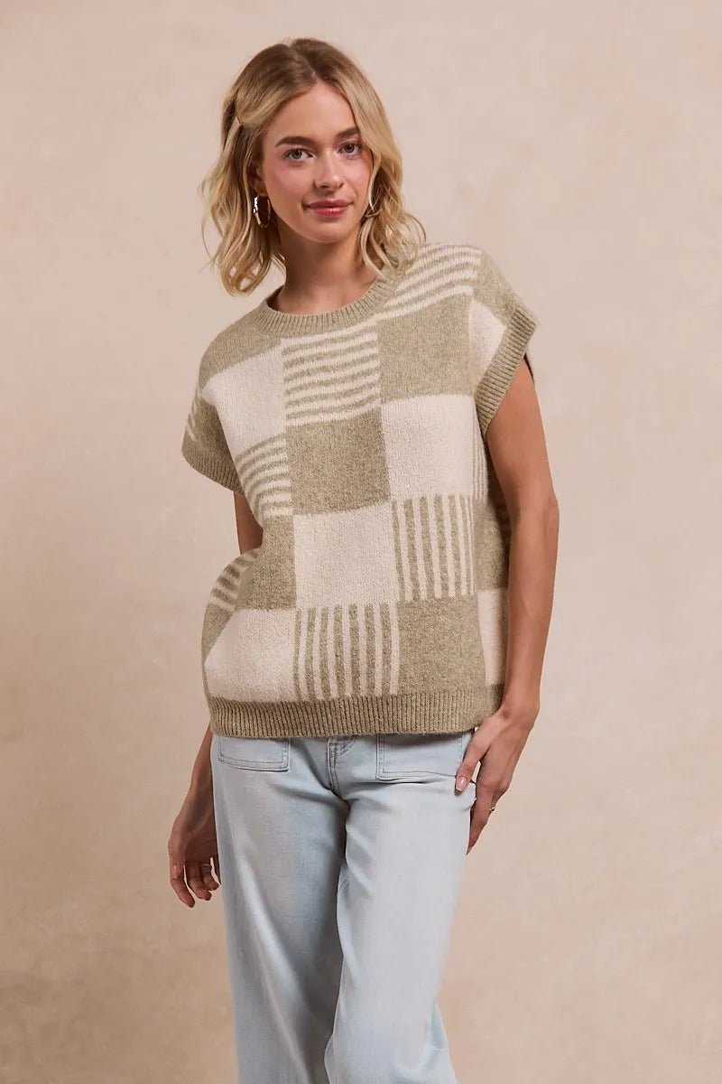 BiBi Checker With Stripes Pattern Sleeveless Sweater - Bitsy Gypsy Boutique