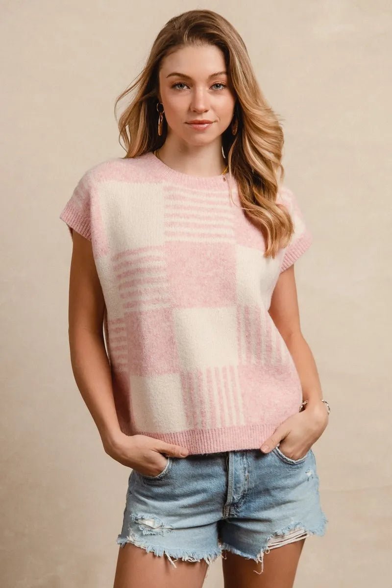 BiBi Checker With Stripes Pattern Sleeveless Sweater - Bitsy Gypsy Boutique